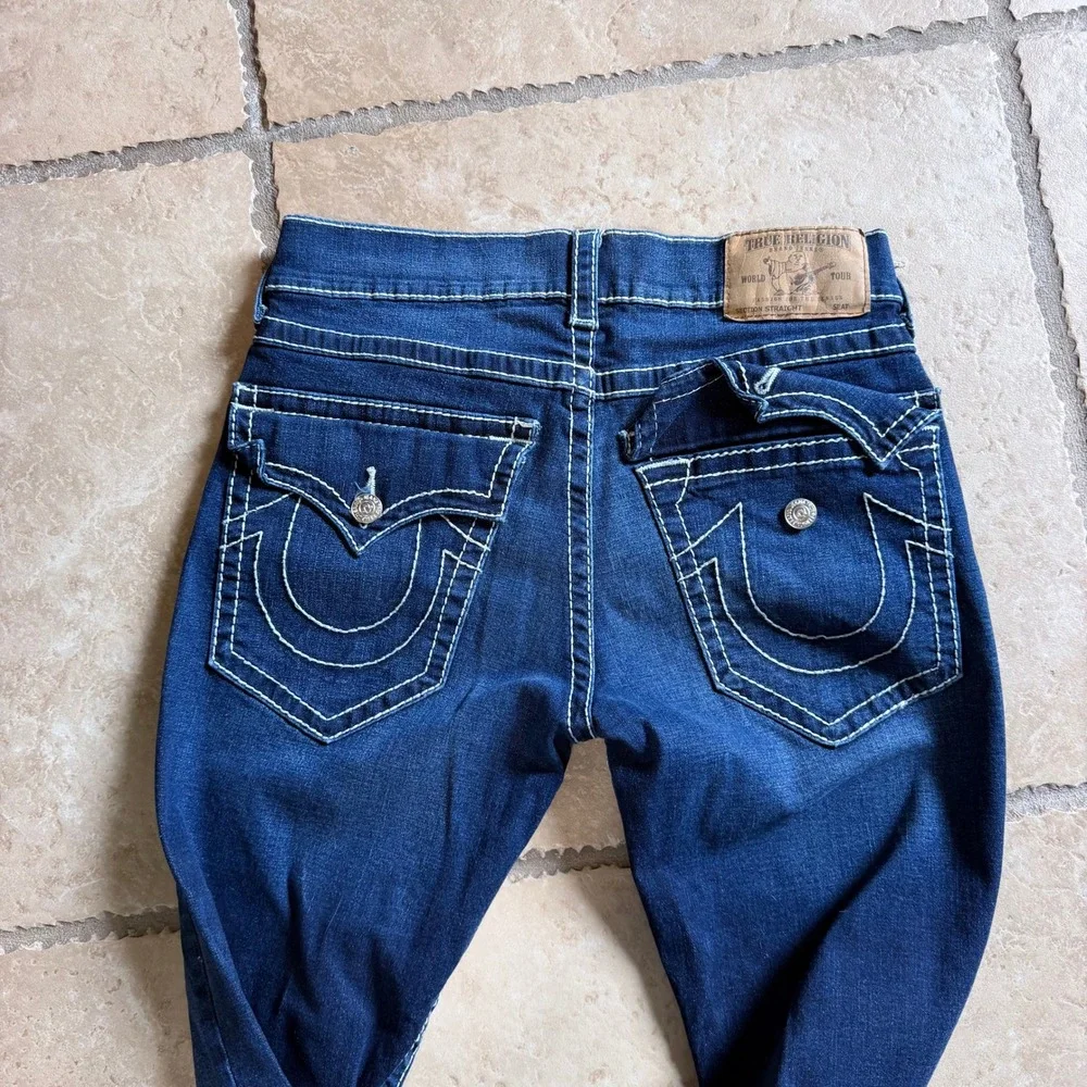 True Religion Straight Flap Jeans Men 32 Dark Blue Natural Big T Contrast Stitch